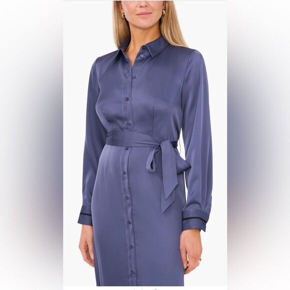 Halogen Long Sleeve Satin Belted Midi Shirtdress - Picture 3 of 13